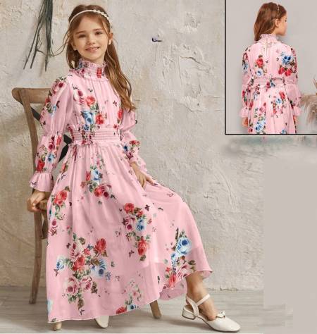 Pink  Colour Georgette Digital Printed Western Frock Kids Wear Collection
